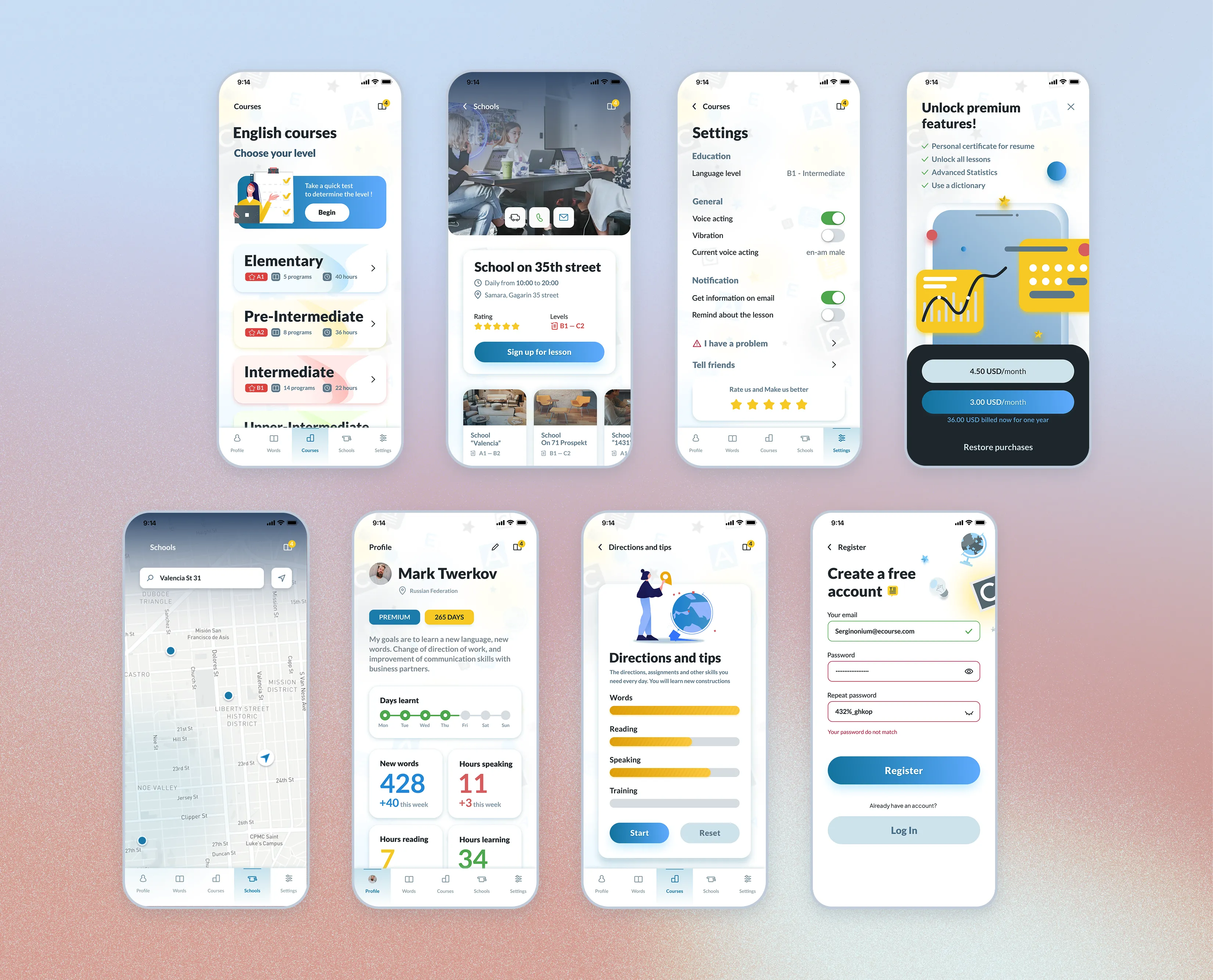English courses high fidelity ui 2