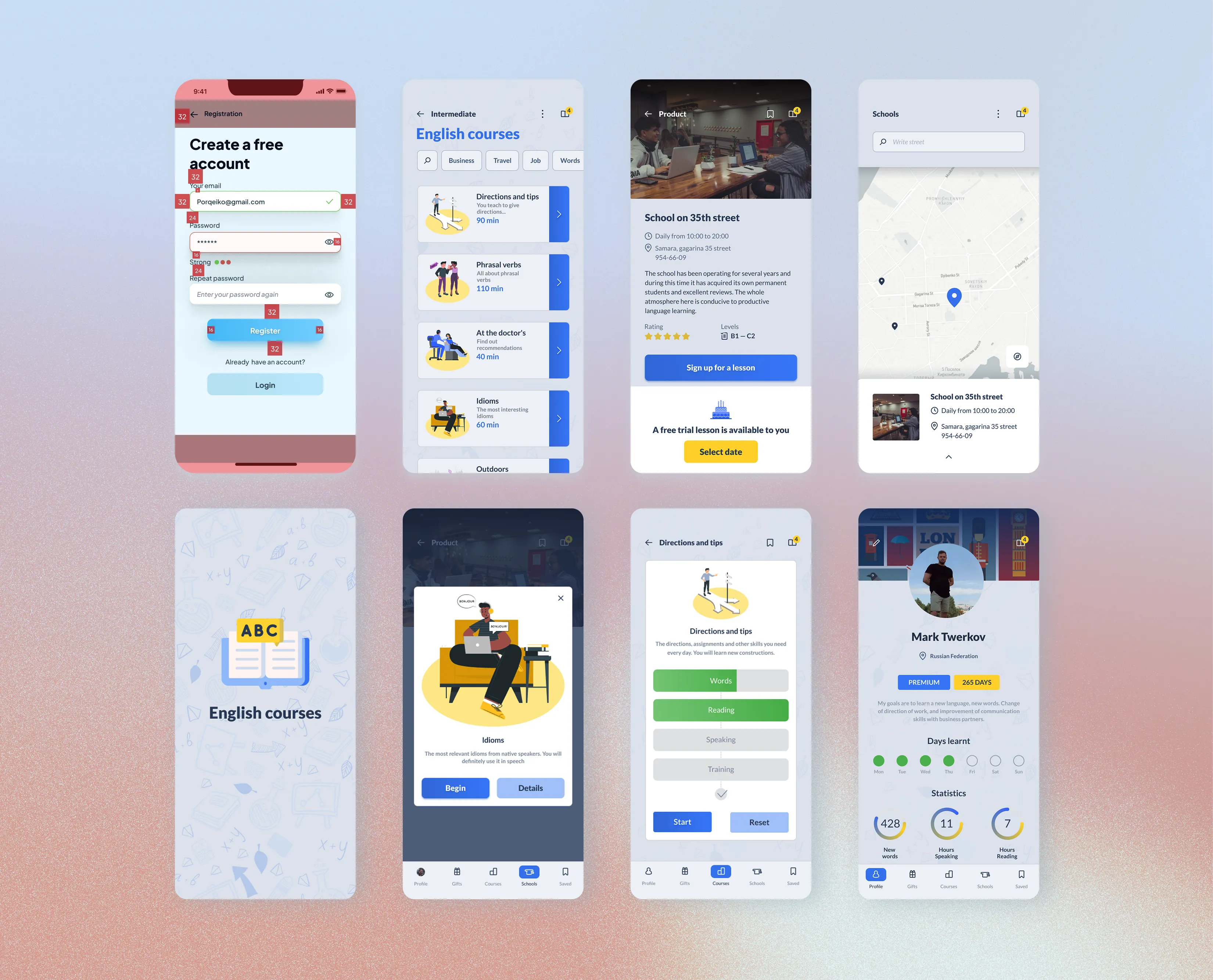 English courses low fidelity wireframes